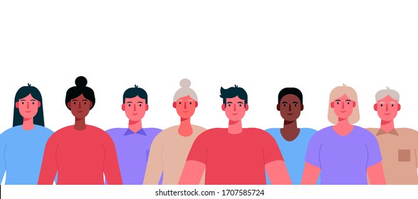 Grupo multiétnico de personas aisladas con antecedentes blancos. Felices hombres y jóvenes, mujeres unidas. Diversidad social. Dibujo vectorial plano.