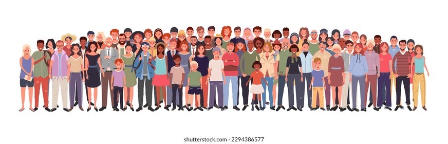 Multiethnic group of people isolated on white background. Young, adults and seniors.  Children and teenagers stand together. Vector illustration of men and women of different nationalities and ages.
