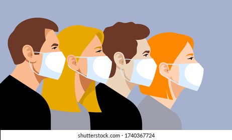 Multi-ethnic group of people in medical masks. Concept of prevention flu, pneumonia, viral infections. Respiratory protection against air pollution. Abstract male and female portraits. Modern vector