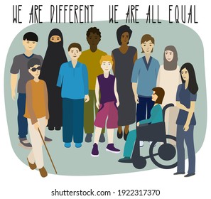 Multi-ethnic group of people. Men and women portrait. Disabled people. Boy without arm. Woman in a wheelchair. Blind man. All people equal concept. Isolated vector illustration on white background
