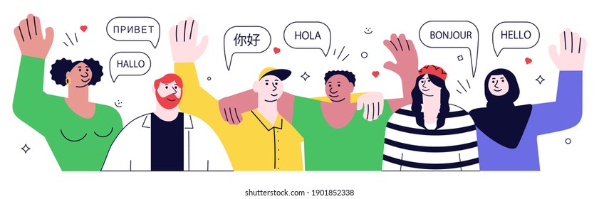 Multiethnic group of people say Hello together in different languages, diversity and multiculturalism concept. Flat Art Vector Illustration