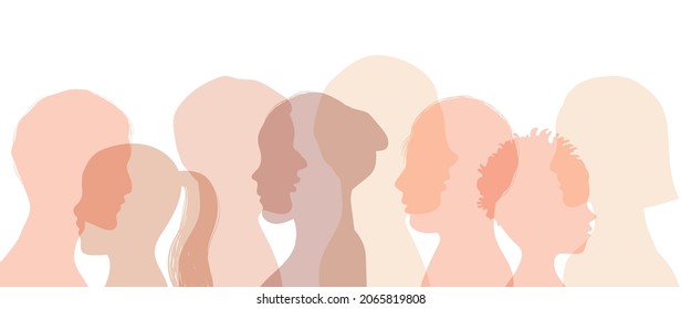 Multiethnic group of people. Silhouette profile group of men and women in earth tone color. Vector illustration.