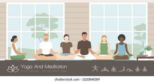 Multiethnic group of people sitting together in the lotus position, they are practicing mindfulness meditation and yoga, healthy lifestyle and spirituality concept