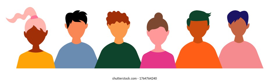 Multiethnic group of people. Society, multicultural community portrait and citizens. Young, adult and elder people vector illustration