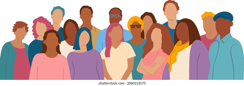 Multiethnic group of people. Society, multicultural community portrait and citizens. Vector illustration in the flat style.