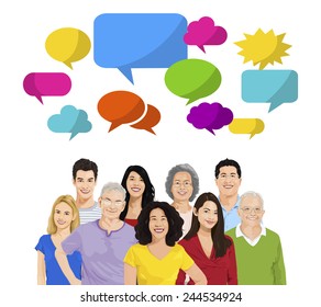 Multiethnische Gruppe der Menschen und Sprechblasen Vektor