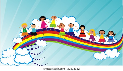 Grupo multiétnico de personas paradas en el arco iris