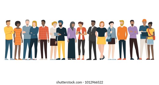 Multiethnic group of people standing together on white background, diversity and multiculturalism concept