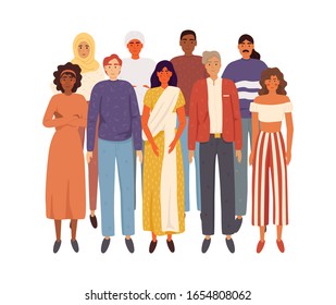 Multiethnic group of people standing together on white background, diversity and multiculturalism concept. Flat cartoon vector illustration EPS 10.