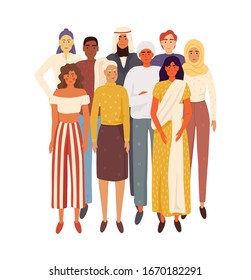 Multiethnic group of people standing together on white background, diversity and multiculturalism concept. Flat cartoon vector illustration EPS 10.