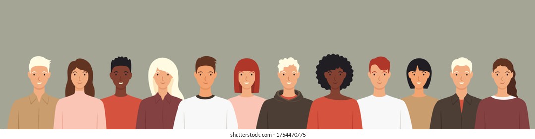 Multiethnic group of people standing together. Team smilling men and women. Concept friendship, unity vector illustration in a flat style.