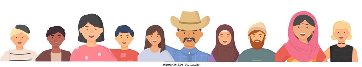 Multiethnic group of people standing together community and togetherness concept, diversity portrait. Characters men and women isolated on white. Crowd community. Social diversity friends or relatives