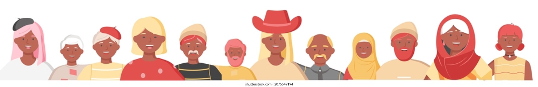 Multiethnic group of people standing together community and togetherness concept, diversity portrait. Characters men and women isolated on white. Crowd community. Social diversity friends or relatives