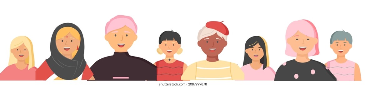 Multiethnic group of people standing together community and togetherness concept, diversity portrait. Characters men and women isolated on white. Crowd community. Social diversity friends or relatives