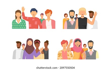 Grupo multiétnico de personas uniendo el concepto de comunidad y unión, retrato de diversidad. Personajes de hombres y mujeres aislados en blanco. Comunidad multitudinaria. Amigos o familiares de la diversidad social