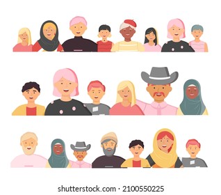 Multiethnic group of people standing together community and togetherness concept, diversity portrait. Characters men and women isolated on white. Crowd community. Social diversity friends or relatives