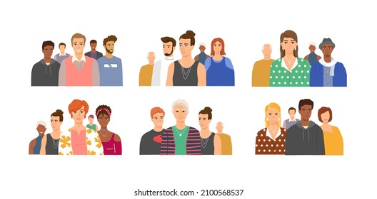 Multiethnic group of people standing together community and togetherness concept, diversity portrait. Characters men and women isolated on white. Crowd community. Social diversity friends or relatives