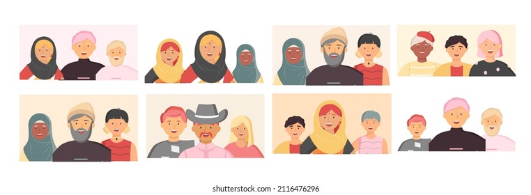 Grupo multiétnico de personas uniendo el concepto de comunidad y unión, retrato de diversidad. Personajes de hombres y mujeres aislados en blanco. Comunidad multitudinaria. Amigos o familiares de la diversidad social