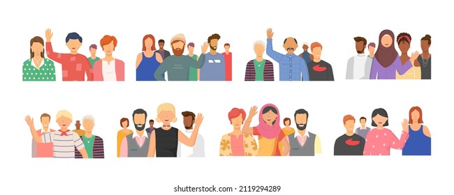 Multiethnic group of people standing together community and togetherness concept, diversity portrait. Characters men and women isolated on white. Crowd community. Social diversity friends or relatives