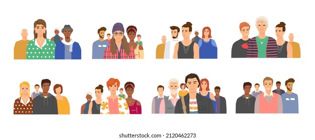 Multiethnic group of people standing together community and togetherness concept, diversity portrait. Characters men and women isolated on white. Crowd community. Social diversity friends or relatives