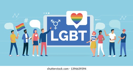 Multiethnic group of people supporting a LGBT rights parade and online community social media app, gender and equality concept