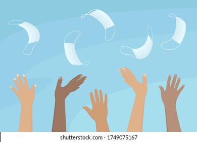 Multiethnic group of people throw medical masks in the air. Quarantine is over. Vector illustration. 