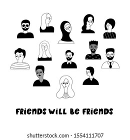 Multiethnic group of people vector outline illustrations with typography. Friendship, equality contour illustration. Multicultural friends characters. Multinational men and women portraits
