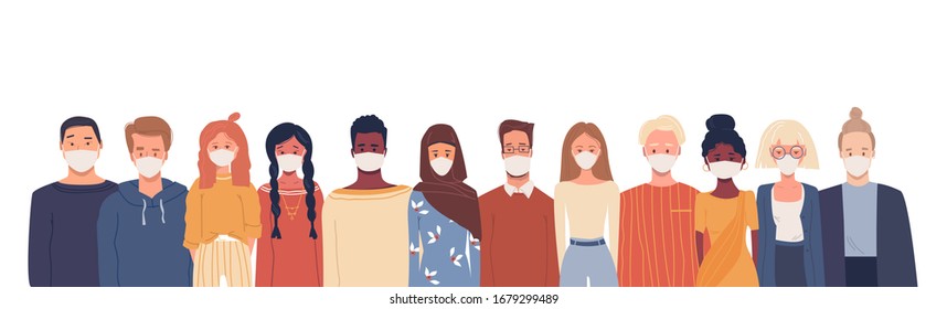 Multiethnic group of people in white medical face mask. Global society. Health. Disease epidemic, coronavirus infection, air pollution. Coronavirus quarantine. Bright vector illustration in flat style