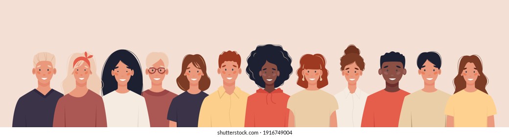 Multiethnic group of people of young different nationalities. Concept of human resources. Vector illustration in flat style