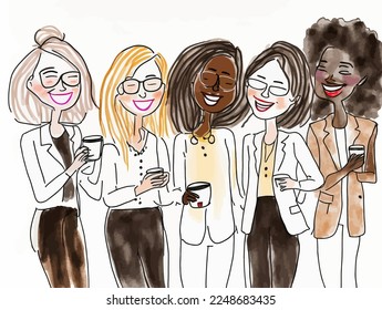 Multi-ethnic group of relaxed and smiling young urban women representing friendship and diversity. Joyful illustration to promote messages of inclusion.