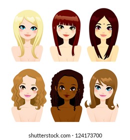 Multi-ethnic group of six beautiful women faces with different long hair hairstyles