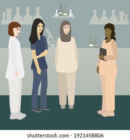Multi-ethnic group of students talking to professor after lab class. Medical, chemical or biological  university laboratory. Vector illustration