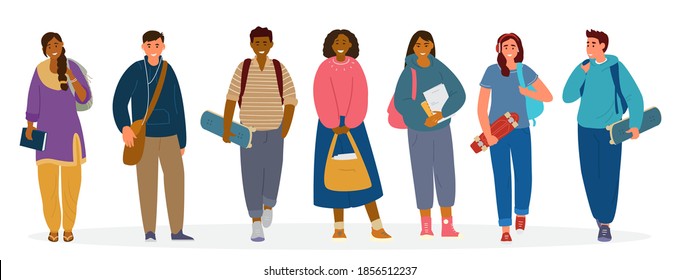 Multiethnic Group Of Students, Teenagers With Books, Backpacks, Skateboards. Flat Vector  Illustration Isolated On White.