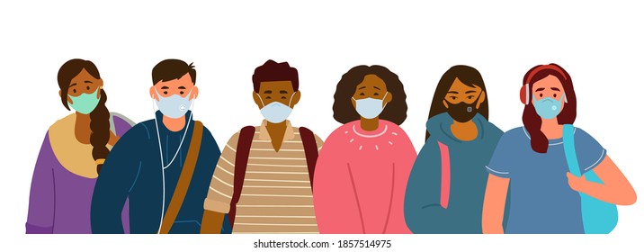 Multiethnic Group Of Students, Teenagers Wearing Protective Face Masks To Protect From Viruses, Flu. Flat Vector Illustration Isolated On White.