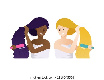 Multi-ethnic group of two beautiful women in towels brushing their hair with comb, different long hair hairstyles. Curly brunette and blonde straight hair treatment.