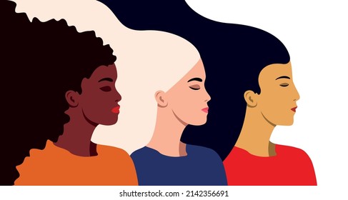 multiethnic group of women, asian, european and african girls, female silhouettes with flowing hair, vector flat illustration, side view