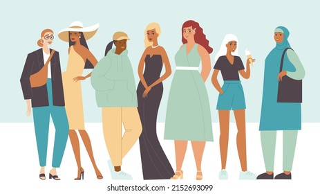 Multiethnic Group Of Women. Different stylish girls. Casual style multicultural female adults in trendy clothes. Flat Vector Characters Isolated