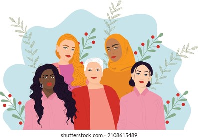 Multiethnic group of women. Poster with diverse female faces of different ethnicity.