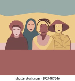 Multiethnic group of women standing together. Lady of different nationalities, vector illustration, flat style. Concept for gender equality, empowerment of women. 8 of March, International Women Day