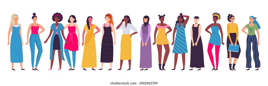 Multiethnic Group Of Women. Vector Diverse Standing Female African And Asian, Diversity Girl International, Unity Move Illustration