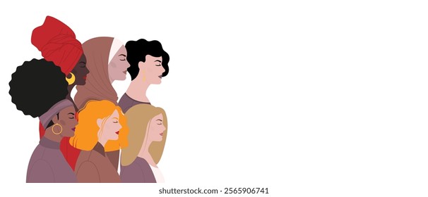 Multiethnic group of women. Women's rights movements. Concept of equality and independence. Horizontal banner for International Women's Day with copy space. Vector illustration