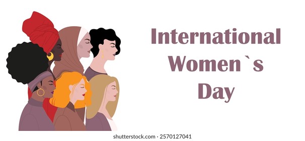 Multiethnic group of women. Women's rights movements. Concept of equality and independence. Horizontal banner for International Women's Day with copy space. Vector illustration