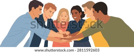 Multi-ethnic group of young adults stacking hands, symbolizing teamwork, unity, and successful collaboration.