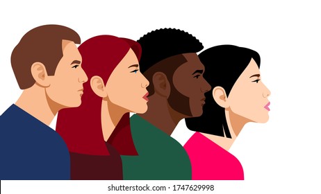 Multi-ethnic group of young people. Beautiful men and women are looking in the same direction. Abstract portraits of students, activists, colleagues, members. Modern flat vector illustration.