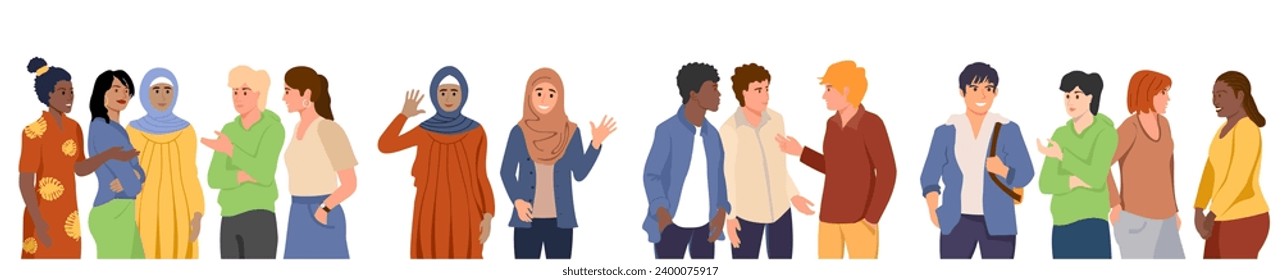 Grupos multiétnicos de personas. Amistosos y diversos hombres, mujeres de diferentes razas. Concepto de comunicación internacional. Retrato multicultural comunitario y ciudadanos.  Personajes de dibujos animados de hombres amistosos y mujeres