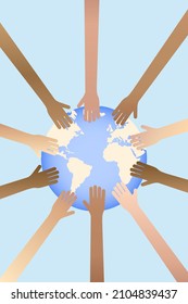 Multiethnic Hands around the globe Earth day, People of the world concept. Vector illustration