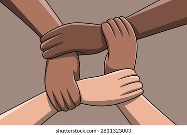 Multi-ethnic hands of different skin tones locking wrists in a strong circle showing unity, cooperation, and diversity.