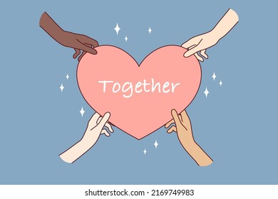Multiethnic hands holding big heart showing respect and love. Diverse multiracial people demonstrate care and support. Friendship and togetherness. Flat vector illustration. 