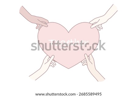 Multiethnic hands holding big heart showing respect and love. Diverse multiracial people demonstrate care and support. Friendship and togetherness. Flat vector illustration.