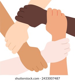 Manos multiétnicas abrazándose como solidaridad interracial